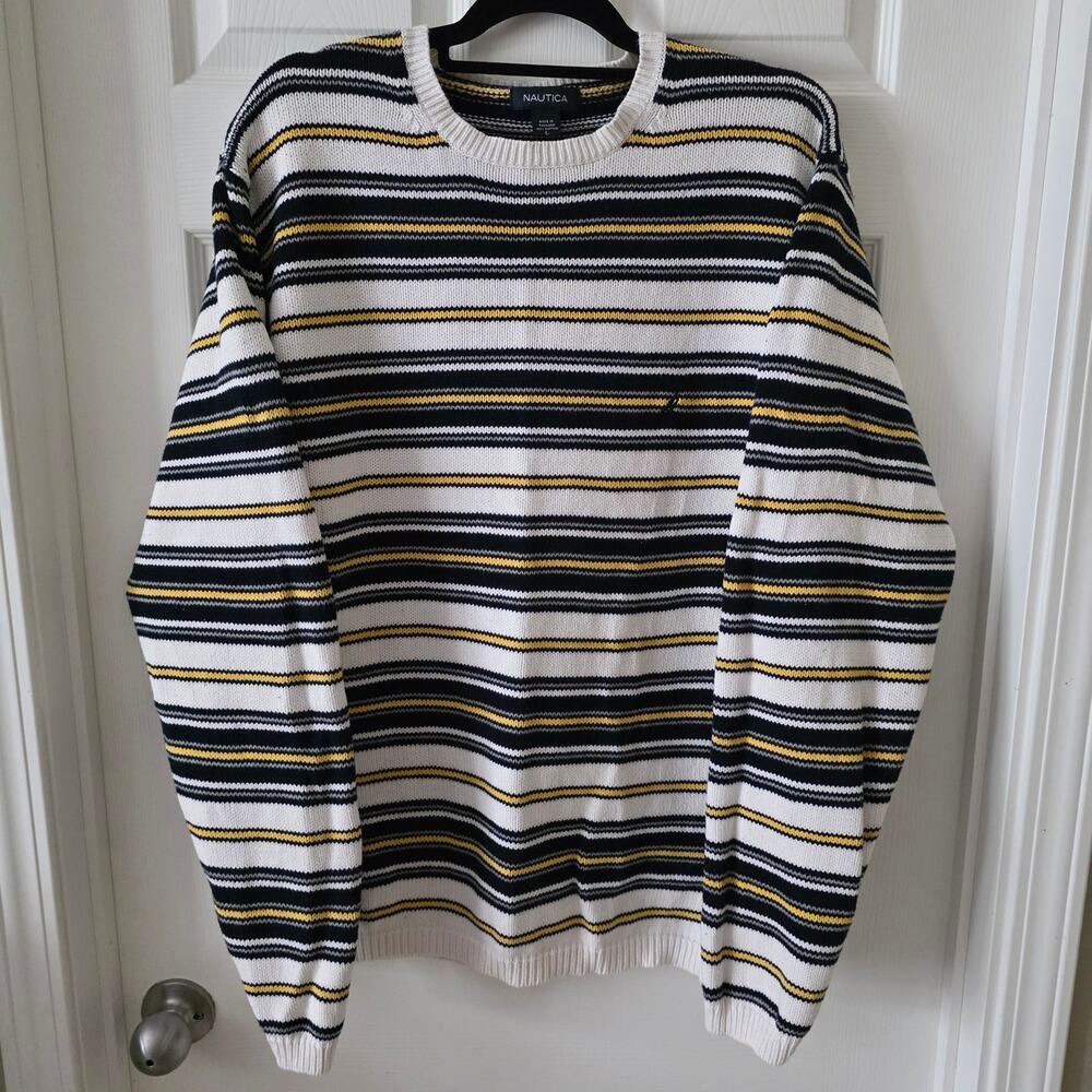 Nautica Vintage Rib Knit Crewneck Blue Yellow White Striped Sweater Size Large